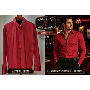 Absolute Rebellion Men's XL Slim Fit‎ Dress Shirt Red Geometric Constrast Cuff